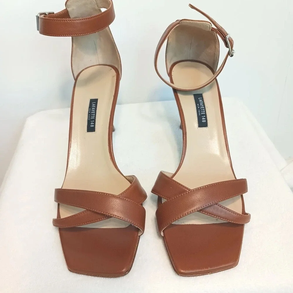 LAFAYETTE 148 Lula Ankle Strap Sandal Heels Brown‎ Sz 41 Luxury Glam retail $450
